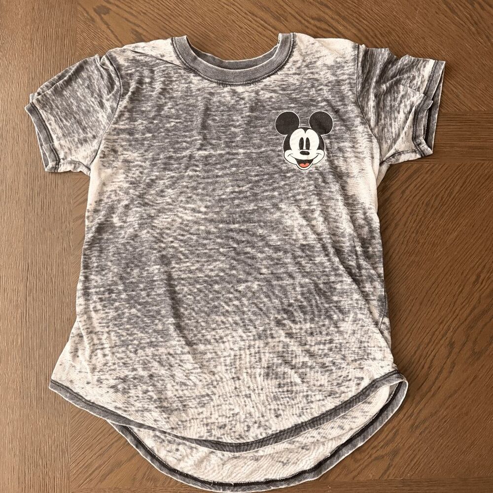 Disney Mickey Mouse T-shirt Curved High-low Hem Burnout Grey Logo Soft Material